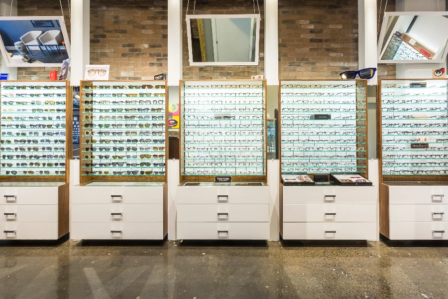 Illuminated eyewear displays and integrated storage at See & Be Seen — Liberty Village